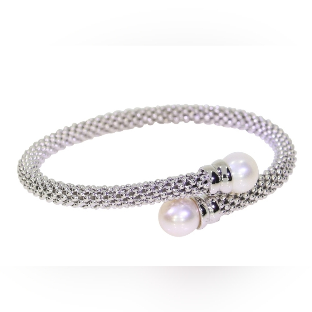Macy’s Cultured Freshwater Pearl Bypass Bangle Bracelet Sterling Silver Italy